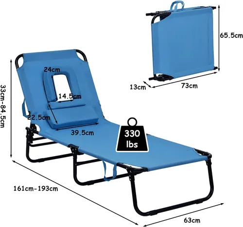 Vista 3 de Sillón plegable de playa con 5 respaldos ajustables y almohada acolchada, tumbona para tomar el sol, silla plana de bronceado para cubierta de Azul