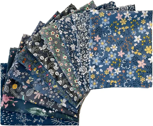 Vista 13 de Paquetes de tela de algodón acolchado de 18 x 22 pulgadas para coser, 10 unidades de flores blancas y negras 18" x 22" Fat Quarters Quilting