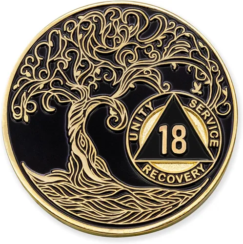 Vista 88 de 1 año Sobriety Mint Twisted Tree of Life Medallón de recuperación AA chapado en oro, chip/ficha - negro