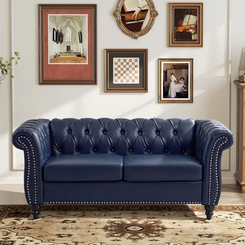 Vista 26 de LEVNARY Sillón Tapizado en Cuero, Silla Sofá Individual Estilo Mediados de Siglo Moderno con Brazos Curvos y Tachuelas, Silla Chesterfield de Cuero