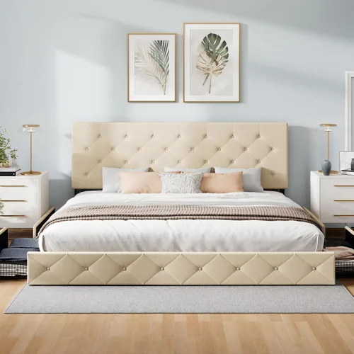 Vista 42 de WEEWAY Base de cama de plataforma tamaño King con 4 cajones de almacenamiento, cabecera capitonada con botones de costura de diamante, base de Negro