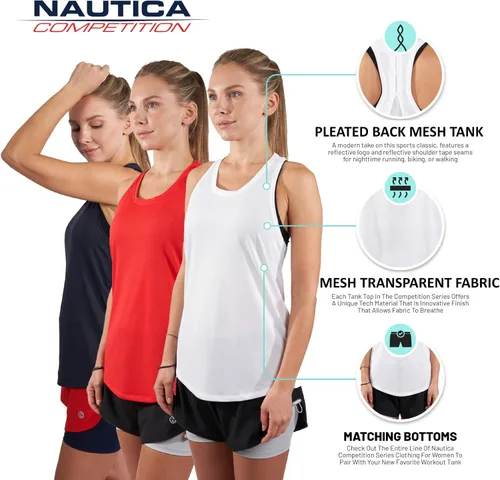 Vista 2 de Nautica Paquete de 3 camisetas sin mangas de entrenamiento para mujer, atléticas activas, gimnasio, entrenamiento, correr, ejercicio, yoga, tela