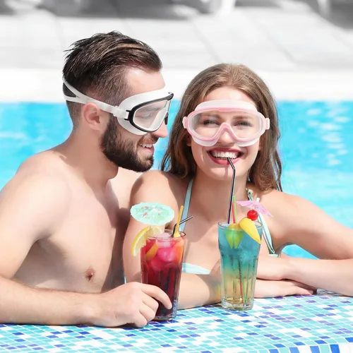 Vista 4 de Paquete de 10 gafas de natación de verano para adultos a granel con tapones para los oídos, visión amplia, antiniebla, sin fugas, protección
