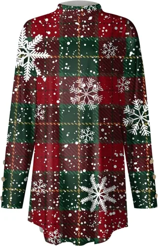 Vista 2 de Christmas Shirts, Women's Cute Tunic Long Sleeve Blouse Daily High Neck Fashion Button Christmas Print T-Shirt Tops