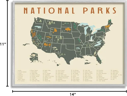 Vista 7 de Stupell Industries Mapa de aventuras de parques nacionales de Estados Unidos verde y naranja, diseñado por Daphne Polselli - Arte de pared enmarcado