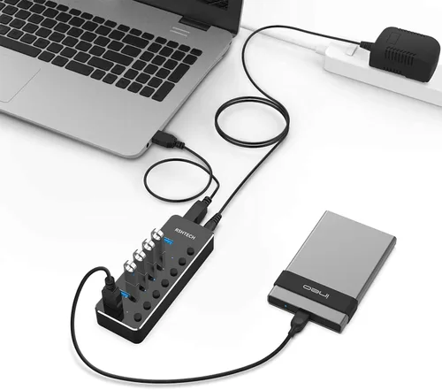 Vista 3 de RSHTECH Hub USB 3.0, expansor de concentrador USB de 7 puertos alimentado de aluminio con adaptador universal de CA de 5 V e interruptores