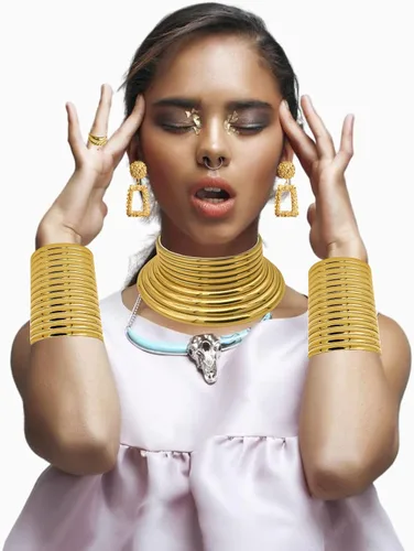 Vista 3 de RDKOEAKEL 7 PCS African National Vintage Gold Flamboyant Jewelry Set Egypt Choker Bracelet African Nose Rings Hoop Chain Earrings for women