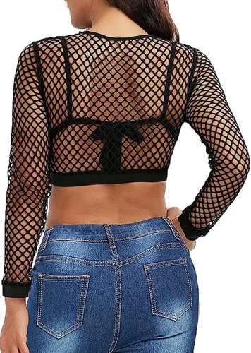 Vista 2 de Nihsatin - Blusa de manga larga, con malla de rejilla elástica, transparente