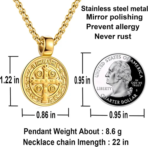 Vista 6 de FSYAEGZA Collar con colgante de medalla de exorcismo de San Benito para hombre, de acero inoxidable, colgante de cruz religiosa católica, colgante