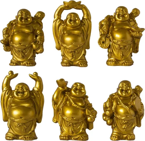 Vista 13 de Juego de 6 estatuas chinas de Buda de la suerte que ríe de resina, figuras de Buda feliz Feng Shui para la suerte, riqueza, buen regalo y colección