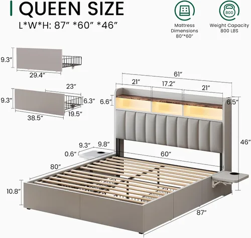 Vista 2 de BRELTAM Base de cama Queen con cabecero, 4 cajones de almacenamiento y escritorio ajustable integrado, estación de carga, fácil montaje, no necesita
