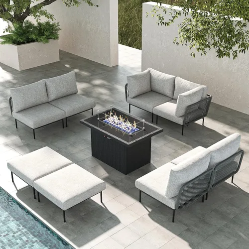 Vista 19 de LayinSun Juego de muebles de patio de aluminio de 7 piezas, sofá modular moderno con mesa auxiliar y cojín de grosor mejorado Gris claro