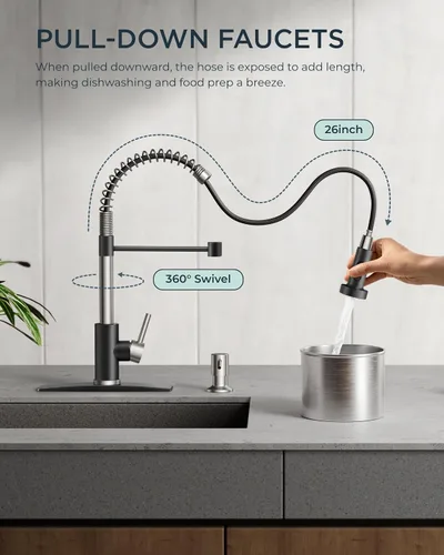 Vista 2 de FORIOUS Grifo de cocina con rociador extraíble, grifo de fregadero clásico de resorte extraíble de acero inoxidable comercial de una sola manija