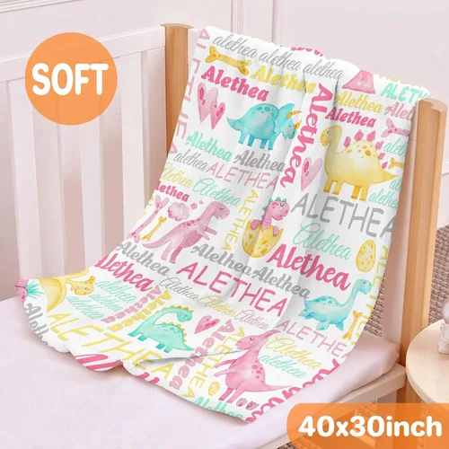 Vista 4 de Manta personalizada con nombre de bebé, dinosaurios, regalo para bebés y niñas, manta de franela suave para recién nacidos, manta cómoda y acogedora