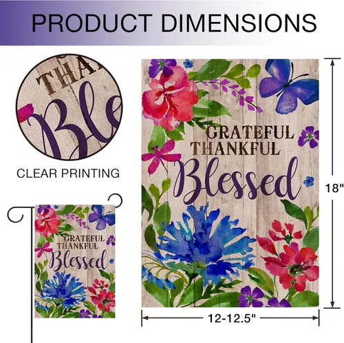 Vista 2 de Hzppyz Grateful Thankful Blessed - Bandera de jardín de Acción de Gracias, pequeña bandera decorativa para exteriores, arpillera rústica, bandera