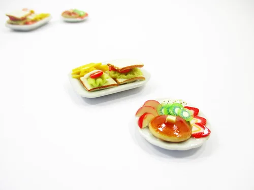 Vista 5 de Casa de muñecas Miniatura Comida 2 Desayuno Mantequilla Panqueque Cerámica Plato 16172 Butter pancakes clay food snacks set, mini 2 morning meal
