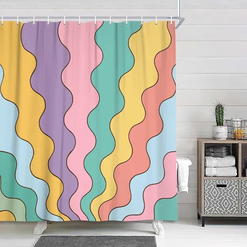 Vista 7 de Neutral Muted Earth Tone Wavy Shower Curtain Mid Century Modern Sage Taupe Blush Abstract Boho Bathroom Curtain Set with Hooks 36x72 Inch