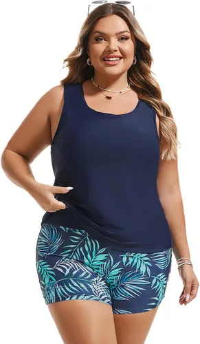 Vista 7 de Hanna Nikole Traje de baño tankini de 3 piezas para mujer, traje de baño con control de abdomen y pantalones cortos para niño, camiseta sin mangas