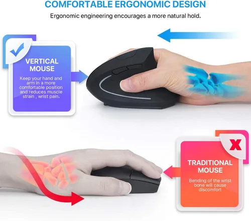 Vista 2 de Ratón inalámbrico ergonómico único recargable óptico vertical, 2.4G 5.0 ratón Bluetooth ergonómico con 6 botones, ratón inalámbrico 800/1200/1600
