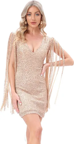 Vista 3 de Mini vestido sexy de fiesta con lentejuelas en V profundo y lentejuelas y manga con borlas, plateado