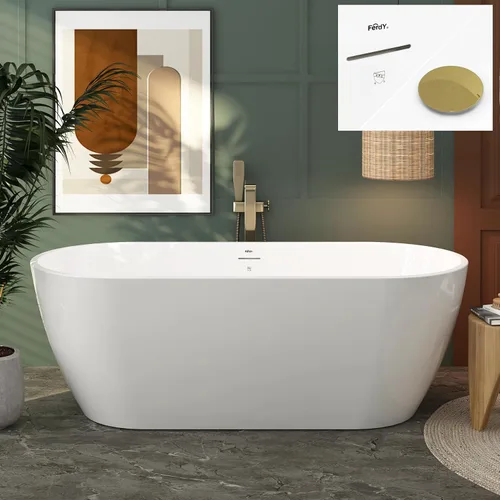 Vista 41 de FerdY Bañera independiente de acrílico Bali de 47 pulgadas, bañera independiente con forma elegante, certificado cUPC, drenaje dorado cepillado