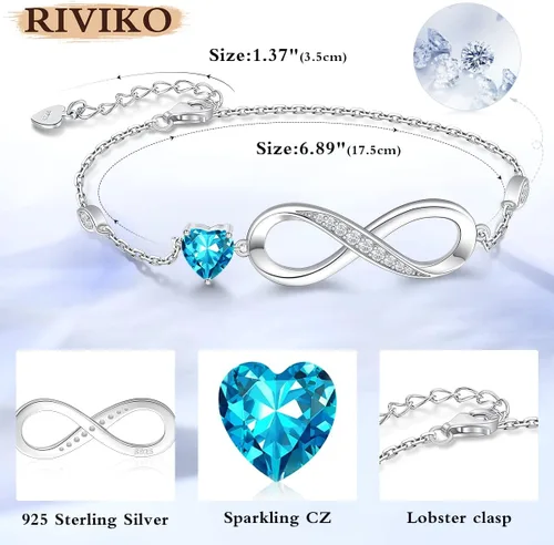 Vista 5 de RIVIKO Pulsera con dije de símbolo de corazón de amor infinito para mujer, plata de ley 925, ajustable, cumpleaños, día de San Valentín, Navidad