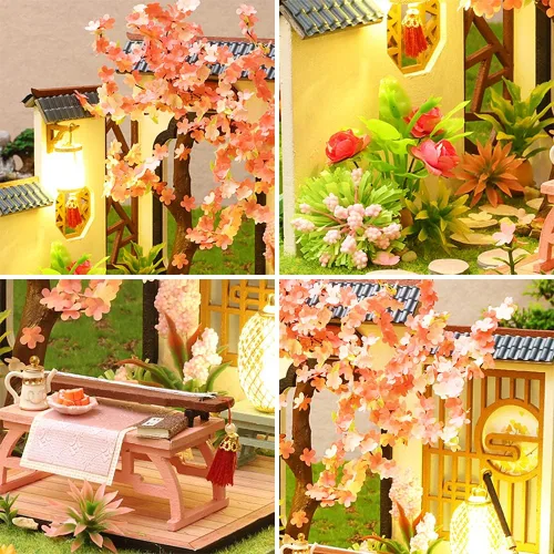Vista 4 de Roroom Kit de casa de muñecas en miniatura y muebles, mini casa de muñecas de madera 3D, modelo artesanal estilo chino con cubierta a prueba