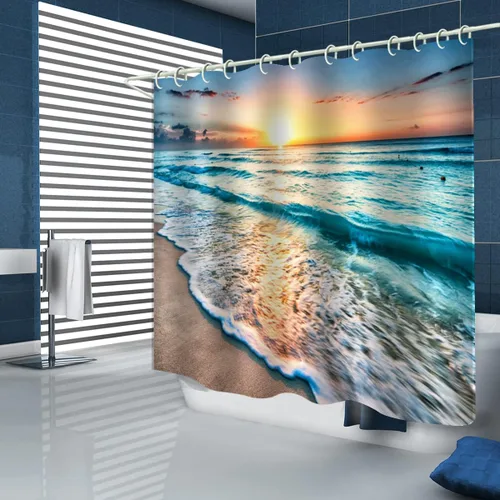 Vista 9 de LYFANS El baño tiene una cortina de ducha de playa al atardecer y la bañera tiene una lujosa cortina de ducha estándar. Cortina de ducha de tela