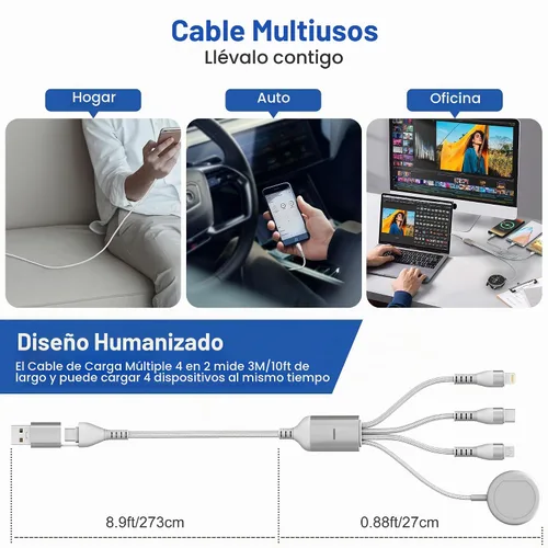 Vista 4 de Cargadores múltiples para Samsung Galaxy Watch 7/6/5/4/3 cargador - 100W USB C Galaxy S23/S22/Z/A Series Cable de carga múltiple de teléfono, 3M/10