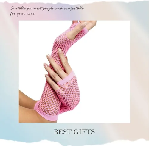 Vista 5 de Kakaco Guantes de red para mujer, guantes de malla neón sin dedos, guantes largos de red de los años 80, guantes de disfraz para mujeres y niñas