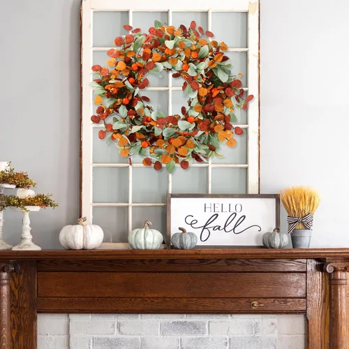 Vista 4 de Sggvecsy Corona de otoño de 21 pulgadas, corona artificial de otoño para puerta delantera con calabazas pequeñas, hojas de eucalipto de seda, orejas