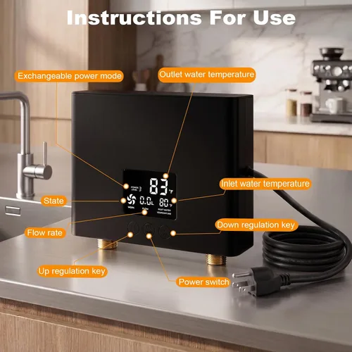 Vista 4 de Calentador de agua eléctrico sin tanque 3000 W 110 V Temperatura constante Calentador de agua caliente instantáneo con control remoto Pantalla Negro
