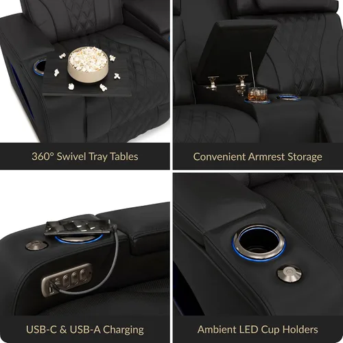 Vista 6 de Seatcraft Armada LT - Asiento de cine en casa, sofá biplaza negro con almacenamiento