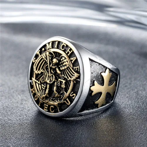 Vista 2 de Anillo de acero inoxidable para hombre, arcángel católico, San Miguel, talla 7-15