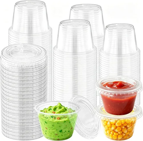 Vista 8 de Szsrcywd 100 juegos de vasos de gelatina de 4 onzas con tapas, recipientes desechables de plástico transparente para condimentos para souffle