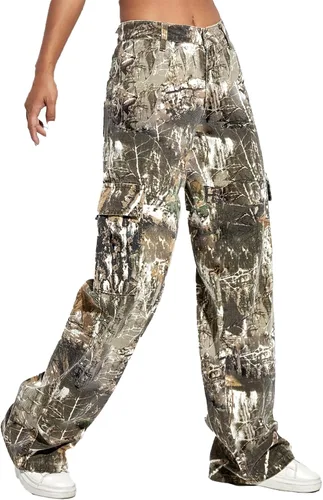 Vista 3 de Pantalones cargo de camuflaje para mujer, cintura alta, holgados, pierna ancha, camuflaje militar, pantalones deportivos ajustados con bolsillo