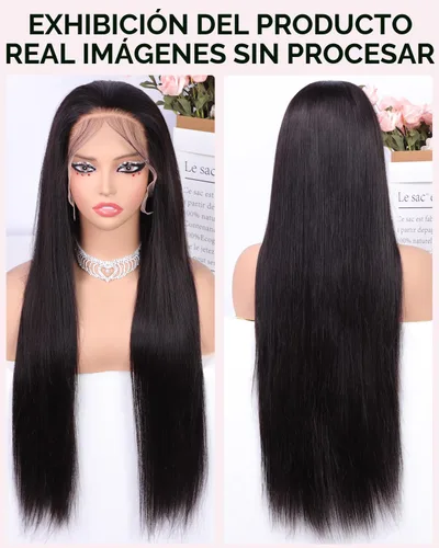 Vista 4 de Subella - Peluca de cabello humano de densidad 180, pelucas rectas con encaje frontal, prearrancadas, 14 pulgadas 180% negro natural