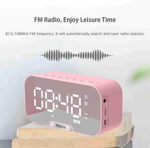 Vista 3 de Ymiko Reloj despertador de superficie de espejo digital Altavoz Música Radio FM Reproductor portátil recargable 3 niveles de brillo Soporte