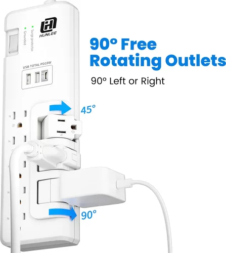 Vista 2 de Protector de sobretensiones USB con tomas giratorias, 3 tomas de corriente y 5 tomas estándar, protección contra sobretensiones 2300J, 3 puertos USB