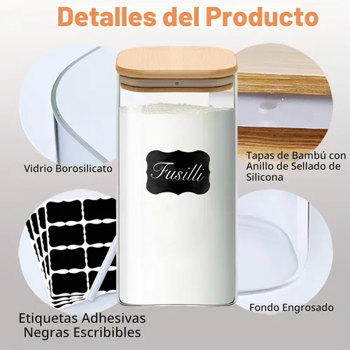 Vista 5 de Envases de almacenamiento de vidrio con tapas, tarro de almacenamiento de alimentos transparente con tapa de bambú sellada para fideos, harina