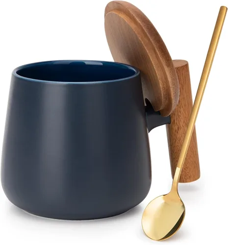 Vista 8 de Taza de café de cerámica, taza de té para la oficina y el hogar, taza de café de 14 onzas con tapa y cuchara, día del padre, regalos de cumpleaños
