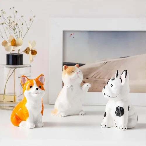 Vista 6 de Figuras de porcelana para mascotas, mini decoración de animales, escultura de perro y gato, adornos de mesa para estantes de gabinete, chimenea