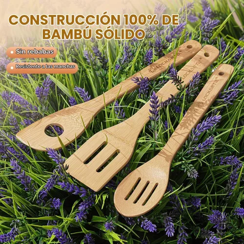 Vista 9 de Cucharas de madera para cocinar, juego de utensilios de cocina, 6 cucharas de madera de bambú y espátula utensilios de cocina
