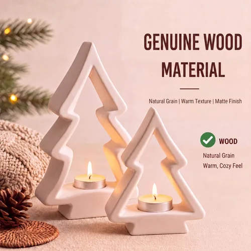 Vista 3 de AceOrbit 2 portavelas de árbol de Navidad, portavelas de madera blanca, candelabros rústicos de madera para decoración de mesa de Navidad, centro