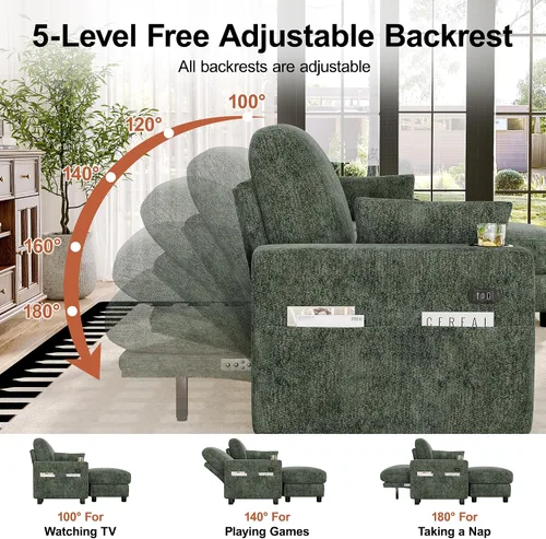 Vista 8 de Vipbear Sofá modular en forma de L de 72 pulgadas, cómodo sofá biplaza de felpilla de 2 plazas con otomana y almohadas móviles, sofá modular Verde