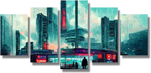 Vista 74 de Lienzo decorativo para pared, diseño de ciudad futurista Cyberpunk para sala de estar, impresión multipanel, obra de arte de cocina, pintura