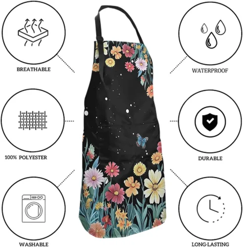 Vista 3 de Kawani Delantal adulto con bolsillos, delantal de cocina de chef Negro Floral