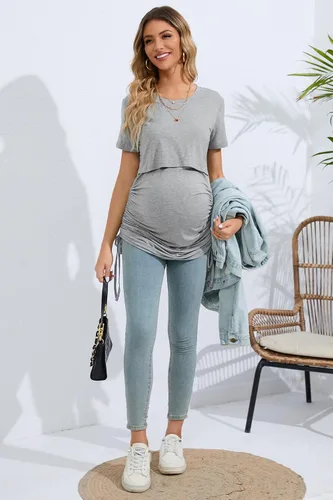 Vista 4 de Sosolism 4 in 1 Women's Maternity Nursing Dress for Breastfeeding Short Sleeve Side Drawstring Top