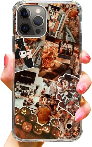 Vista 2 de Funda de teléfono con diseño de calabaza de Halloween para iPhone 14 Pro Max, funda de collage de otoño de calabaza hippie para adolescentes
