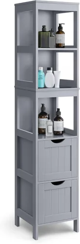 Vista 8 de VASAGLE - Gabinete de piso de baño, organizador de almacenamiento de baño, unidad de esquina multifuncional, 2 cajones, 35 pulgadas de altura, gris